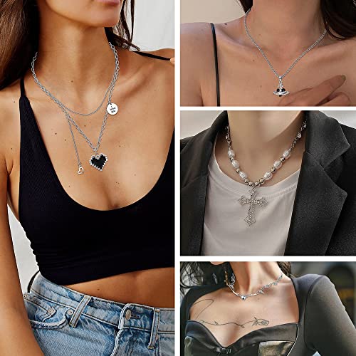 Sanfenly Vintage Gothic Necklace Set for Women Punk Grunge Cross Heart Bat Spider Angel Wing Saturn Skull Pendant Layered Choker Statement Necklaces4
