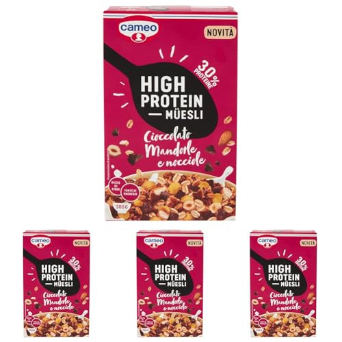 Cameo High Protein Muesli, Cereali Proteici Con Cioccolato Fondente, Croccanti Mandorle E Nocciole Tostate, 300g (Confezione da 4)