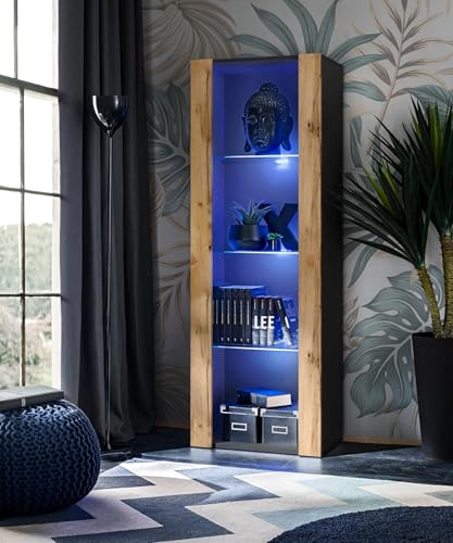 Komodee Vitrine Armoire Tivoli, Noir/Wotan, Largeur 55cm x Hauteur 159cm x Profondeur 35cm,LED Bleu, 3 étagères en Verre, pour Salon, Chambre, Entrée