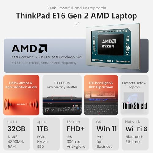 Image of Lenovo ThinkPad E16 Gen 2 Business Laptop, 16 inch FHD+ Display, AMD Ryzen 5 7535U, 32GB DDR5 RAM, 1TB SSD, Fingerprint, Backlit Keyboard, Webcam, Wi-Fi 6, Windows 11 Pro, Bundle with 7-in-1 USB-C Hub