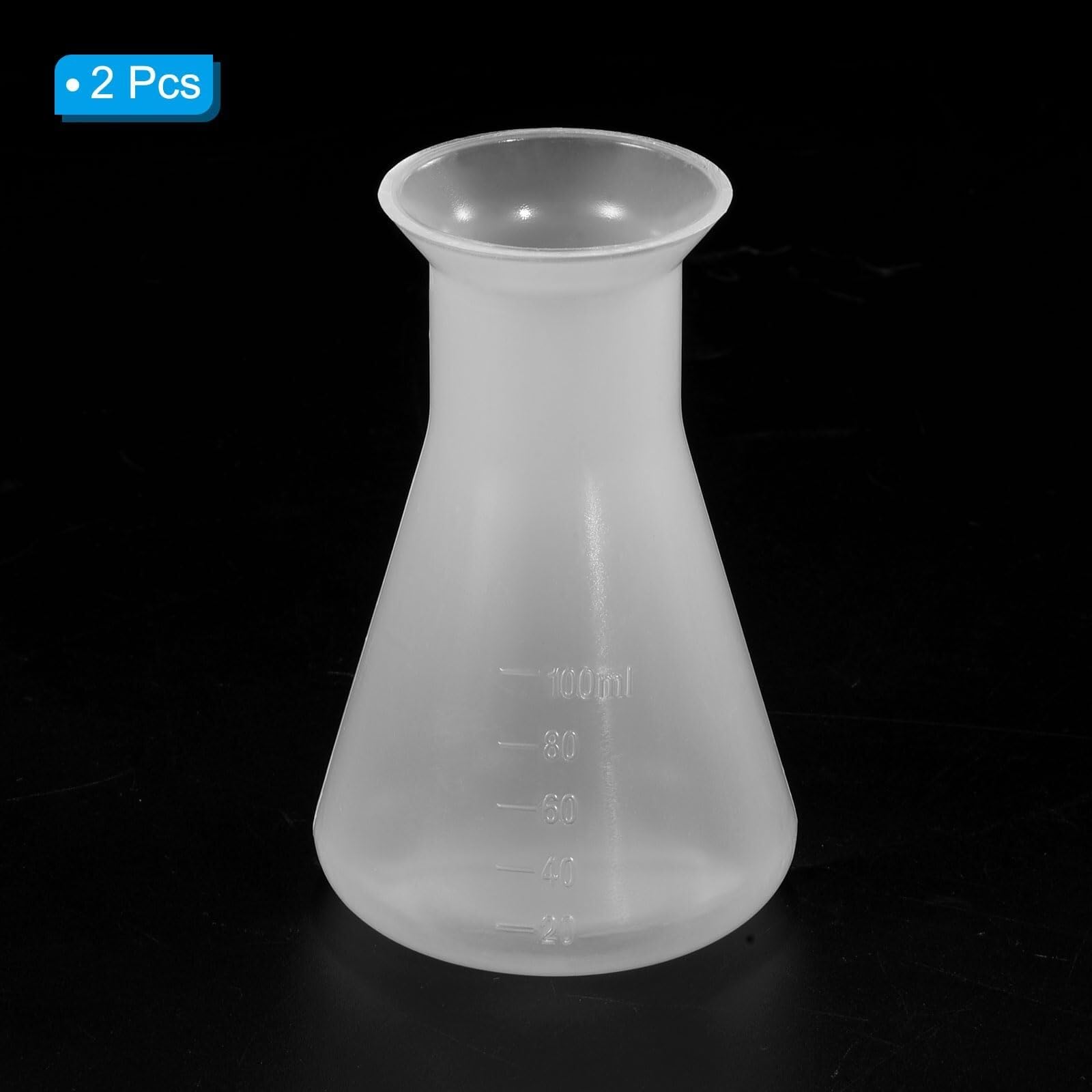 Matraz de Erlenmeyer de plástico 100ml - 2 Pack Matraz cónico de boca ancha para laboratorio, transparente(100ml)