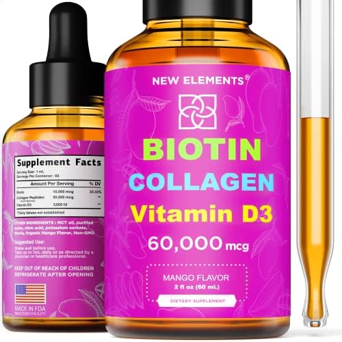 Liquid Biotin Collagen Peptides & Vitamin D3 For Hair Growth MCT Oil Drops 60,000mcg – Natural Biotin Collagen D3 vitamins for Hair Skin and Nails, Most Advanced Hair Growth Supplement for Women & Men
