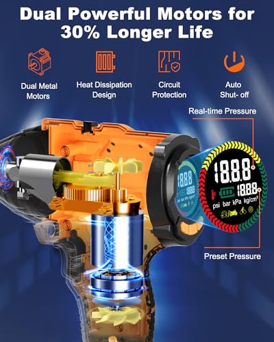 AUTDER Luchtcompressor, draagbare elektrische luchtpomp, 180 psi Max, 21 V, 2000 mAh accu, 12 V auto-voeding, compressor met autostop voor auto en motorfiets - Afbeelding 5