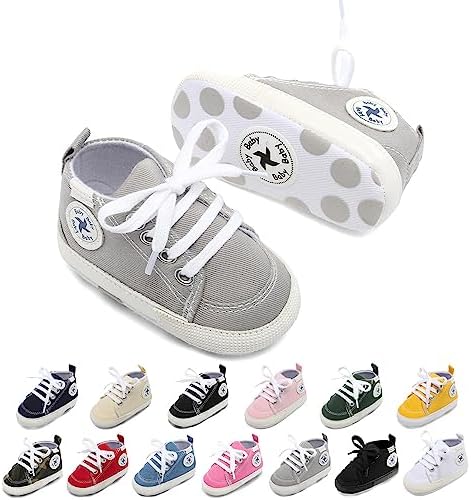 Baby Girls Boys Shoes Soft Anti-Slip Sole Newborn First Walkers Star High Top Canvas Denim Unisex Infant Sneaker (A01-Grey, 0-6 Months)