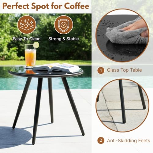 Image of DEVOKO 3 Piece Rope Patio Outdoor All Weather Furniture Conversation Bistro Set with Comfortable Cushions & Glass Top Table for Garden, Balcony, Lawn, Deck (Black & Off-White)
