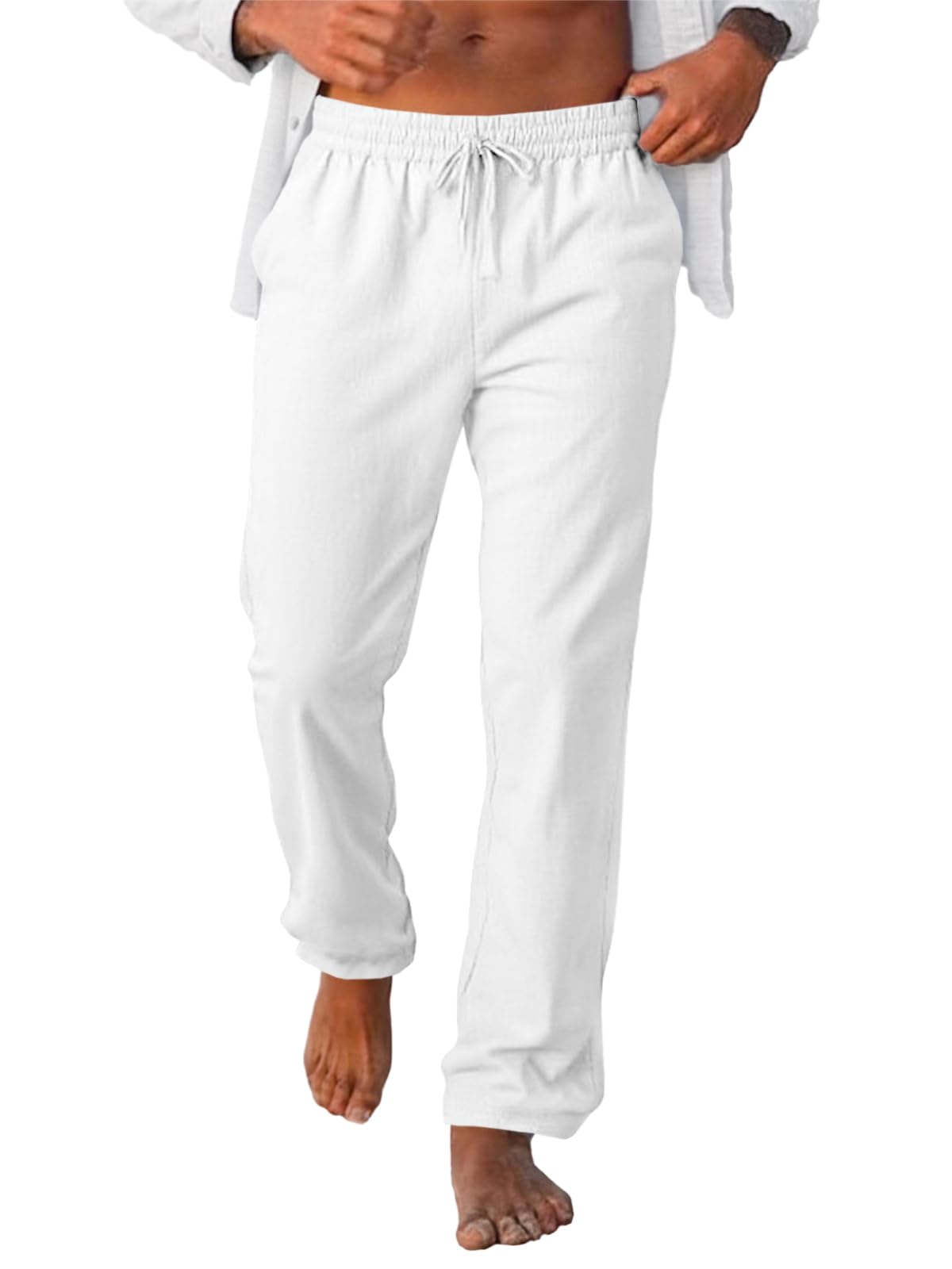 Runcati Mens Casual Pants Drawstring Elastic Waist Lightweight Linen Pants Loose Fit Straight Legs Beach Trousers