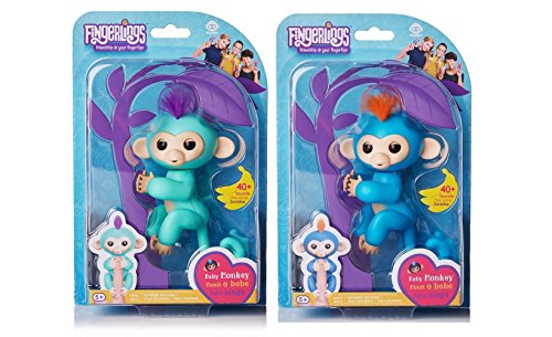 Fingerlings - Interactive Baby Monkey for Kid's Toy - 2 Pack Zoe (Turquoise with Purple Hair and Boris (Blue with Orange Hair)