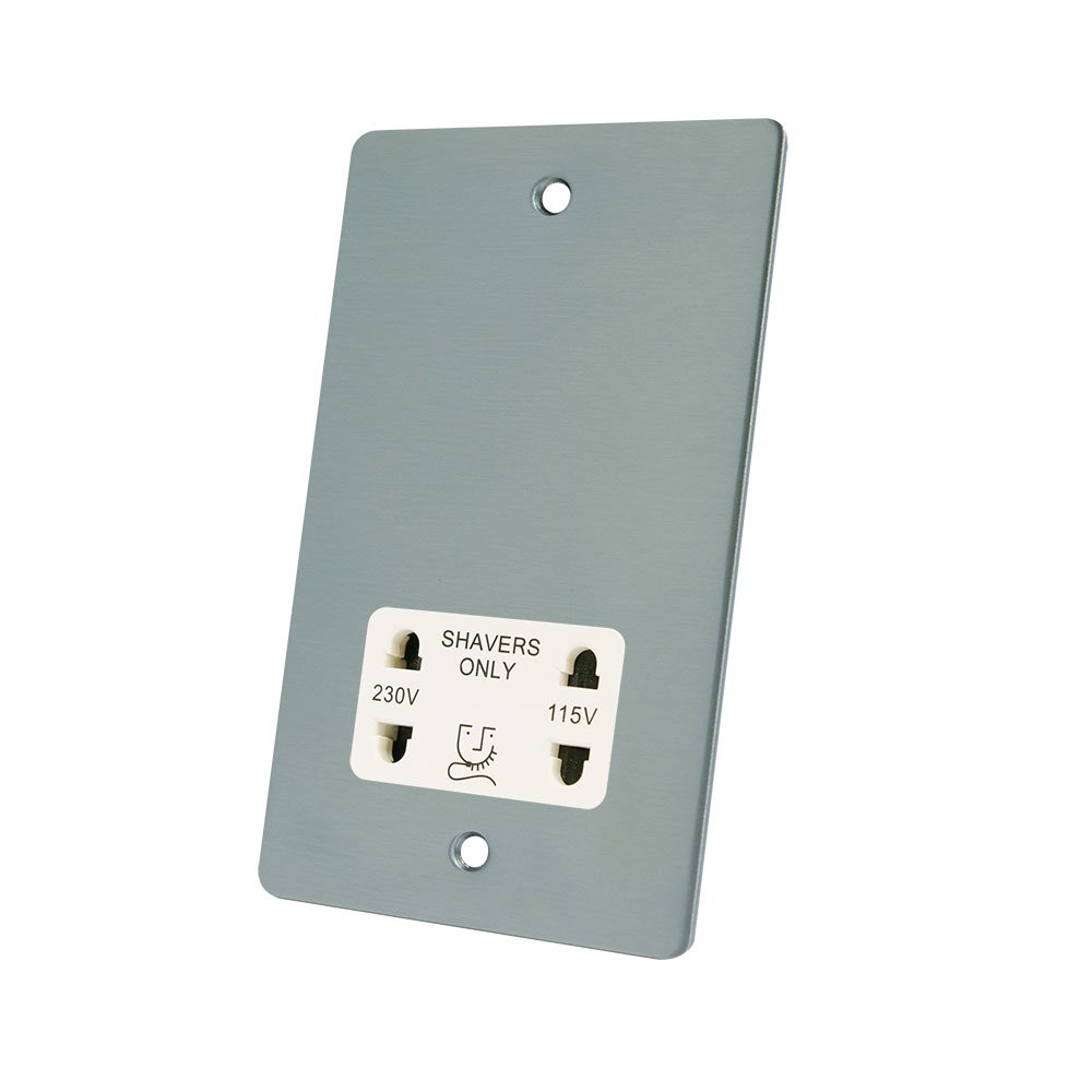 AET FSCSHAWH 115 V/230 V 2-Gang Satin Chrome Flat Insert Dual Voltage Shaver Socket - White