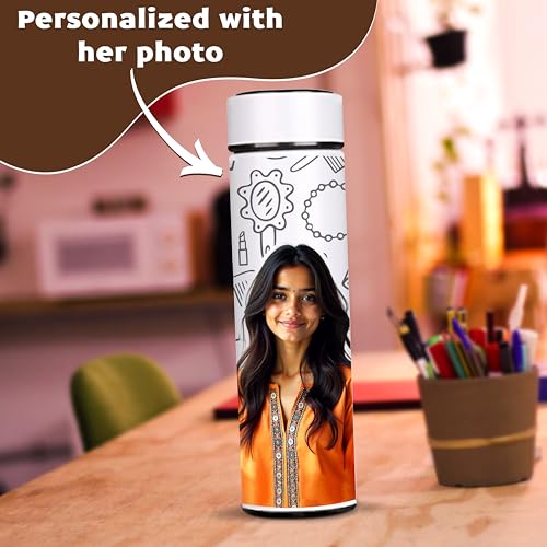 Image of Savri Personalized Stainless Steel White Water Bottle with Your Photo /Wishes /Logo Printed Best for School Going Kids /Return Gift /Christmas /New Year /Festival Gift Item | 500ml (Her)
