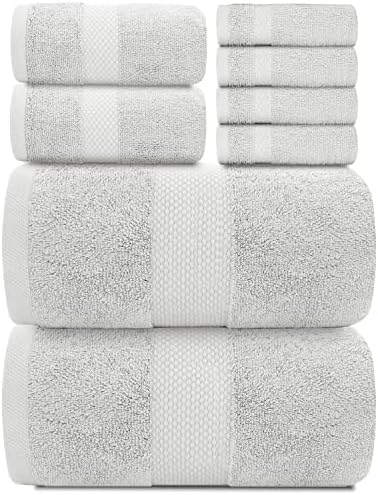 White Classic Luxury Bath Towel Set of 8 Pieces - 100% Turkish Cotton Highly Absorbent Towels for Bathroom, 2 Luxury Bath Towels 700GSM, 2 Hand Towels, 4 Washcloths, Light Gray