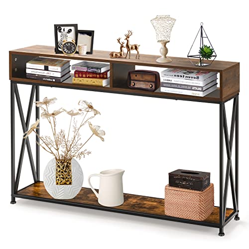 GIANTEX Mesa de Consola Industrial 3 Niveles, Mesa Estrecha Rectangular con 2 Cubos Abiertos y 1 Estante Inferior, Estructura de Metal, 120 x 23 x 79 cm, para Recibidor, Salón (Marrón)