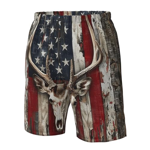 Men's Quick Dry Swim Shorts Deer Skull Old Wooden American Flag Vintage Beach Trunks with Pockets4