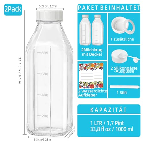 Absovetu Glasflaschen 1 Liter, 2 Stück Milchflaschen Glas mit Deckel – Ansicht 5