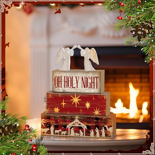 Image of Moucuny 4 Pcs Wooden Christmas Nativity Tiered Tray Decor Rustic Wood Angel Block Sign Gift Kitchen Centerpiece Nativity Scene Table Decor (Jesus)