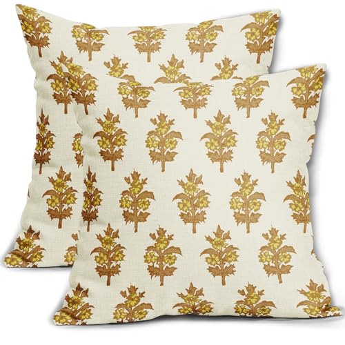 sorfbliss Mustard Yellow Floral Pillow Covers 18x18 Set of 2 Spring Summer Flower Leaves Print Decorative Throw Pillow Cases Outdoor Farmhouse Decoration for Sofa Couch Bed