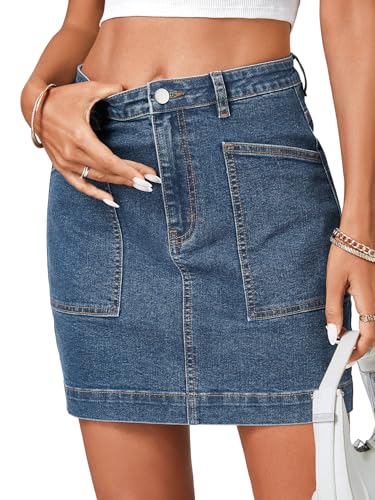 LYANER Women's Jean Skirt High Waist Stretchy Casual Denim Mini Skirt with Pockets3