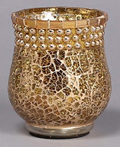 Small Hurricane Shaped Mosaic Votive Holder or vase with Antique Gold Mirror Chips, Gold Grout and Three Rows of Gold Color Beads Set of 2