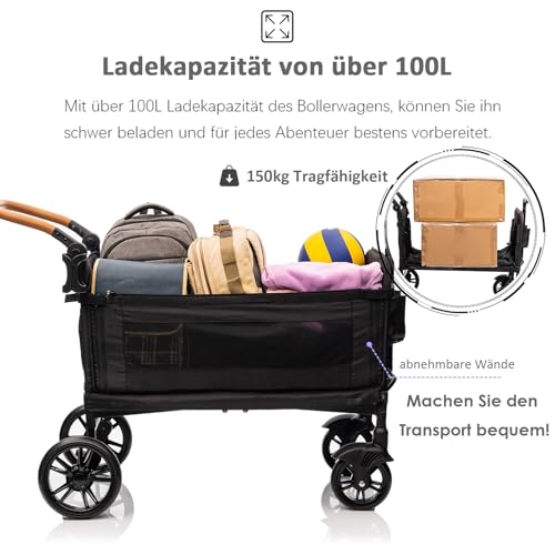 vickey Bollerwagen Faltbar mit Dach 2 Kinder, Cargo-Bollerwagen, Faltbarer Handwagen Schiebegriff, Duo-Kinderwagen Stoßfest PU Räder mit Bremsen, Getränkehalter, 100L Schwarz – Bild 5