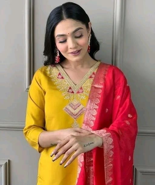 Embroidered V Neck Cut Kurta with Pants and Chanderi Dupatta Festive Ethnic Set for Women Occasion-image-26