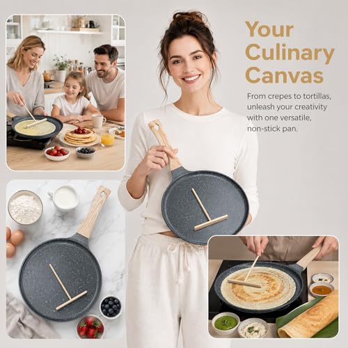Image of Hiceeden Nonstick Crepe Pan with Spreader, 10-Inch Tortilla Pan with Detachable Handle, Ceramic Coating Pancake Griddle Dosa Tawa Pan, for All Stove, Induction Compatible, PFOA Free, Black