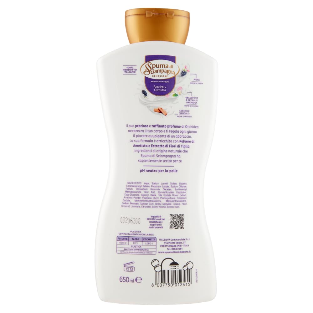 8 x Spuma di Sciampagna Bagnodoccia Crema Rigenerante – Gel doccia con ametista e orchidea – Cura del corpo e lavaggio 650 ml + portachiavi Beni Culinari