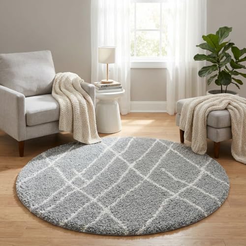 Image of Shaggy Polyester Microfiber Round Rug Carpet for Living Room | Ultra Soft Fluffy Plush Area Rug | Anti-Skid Non-Slip Backing | Washable Carpet for Bedroom- (5x5 feet, A7, Round)