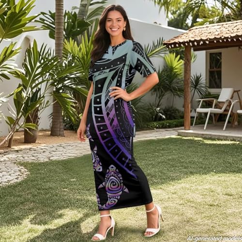 Image of Polynesian Dress for Women Short Sleeve High Waist Maxi Skirt | Puletasi dress, t-shirt and skirt two-piece, elastic material, lightweight, soft, plus size, luau party, wedding, clubwear