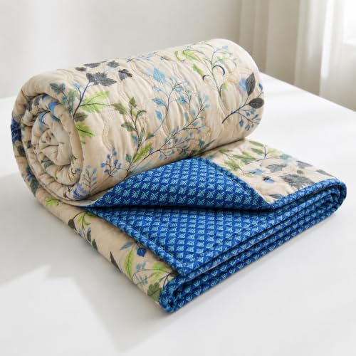 Image of IVAZA Luxury Ultrasonic Punch AC Comforter Blanket - Quilted Microfiber Floral Pattern, Lightweight Breathable All‑Season Blanket for Bedroom, Travel (Single Bed,228x152 CM) Antique Gold Blue