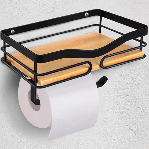 JOLY FANG Portarrollos Papel Higienico en la Pared con Estante de Bambú Natural, Porta Rollos de Papel Higienico sin Taladro 2 en 1, Soporte Papel Higienico Autoadhesivo para Baños y Cocina(Negro)