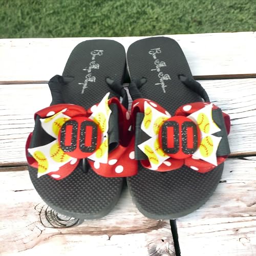 Red Polka Dot Softball Flip Flops with Glitter Bows & Player Number2