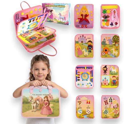 OYEMAT Busy Board Montessori Principesse e Fantasy Spagnolo/Inglese - Giocattolo Sensoriale Bambino - Libro Montessori 3 Anni di Feltro - Tavola Montessori Educativo con Attività Motorie Fine