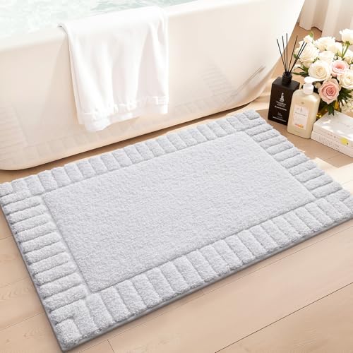 LUMI Bathroom Rugs Non Slip with Rubber Backing, Extra Soft Plush Microfiber Bath Rug Absorbent, Machine Washable Bath Mat Quick Dry for Tub, Shower, Hotel, White, 16"x24"