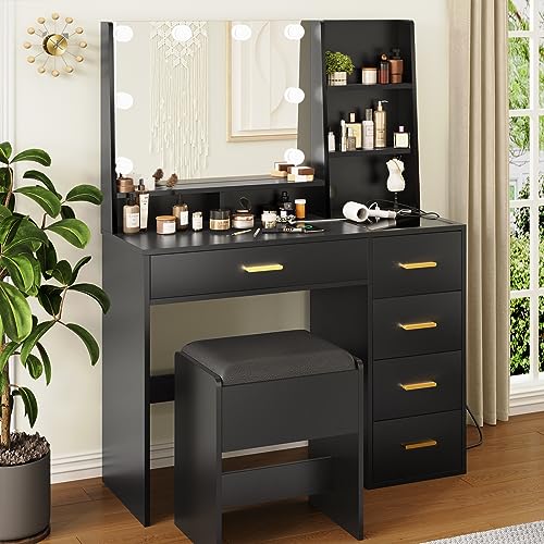 FORABAMB Vanity Desk with Mirror and Lights, Makeup Vanity with Power Strip, Dressing Table Set with Lots Drawers & Shelves, Vanity Mirror 3 Lighting Color Adjustable, Storage Stool Included, Black
