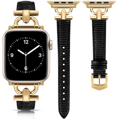 Image of Leather Band Compatible with Apple Watch Bands for Women, Dressy Fancy Strap for iWatch Series 11 /10 /9 /8 /7 /6 /5 /4 /3 /2 /1 /se /Ultra /Ultra 2(49mm 46mm 45mm 44mm 42mm,Lizard Black /Gold)