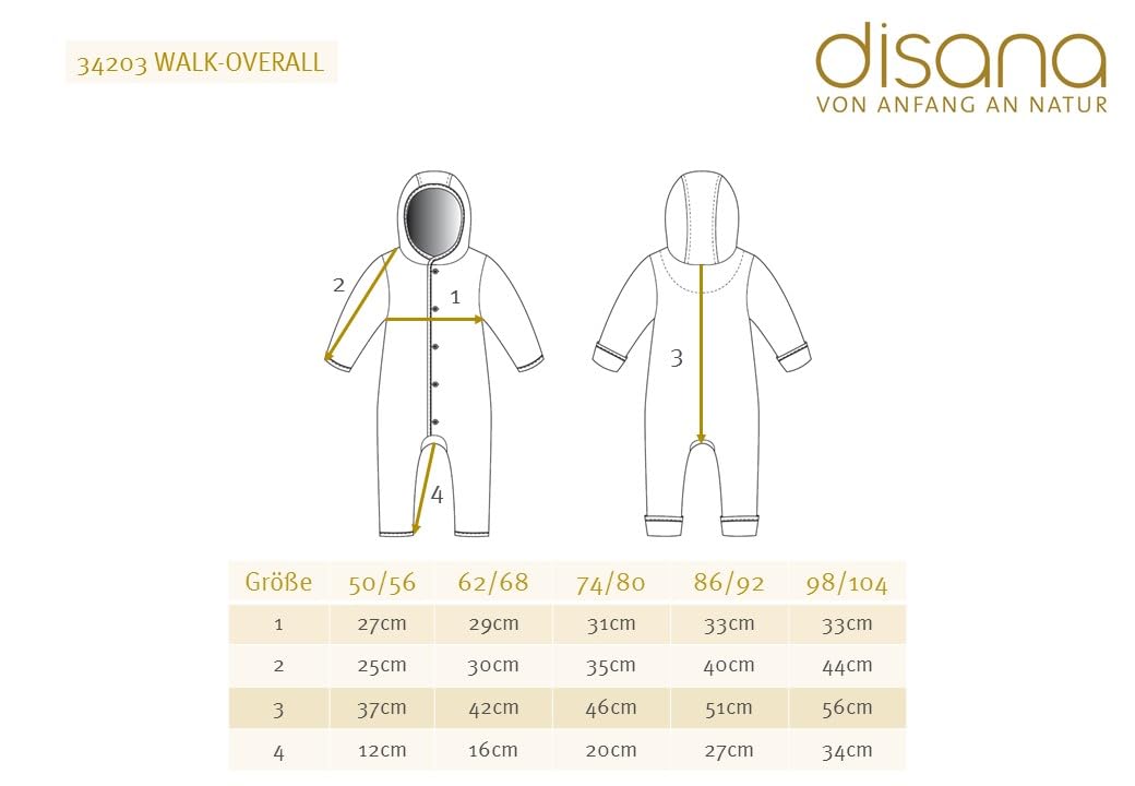 Disana WALK-OVERALL Baby & Bambini – 100% Bio Merino, lana walk – traspirante e piacevolmente caldo – unisex, taglia 50 – 104 – sostenibile & equo – con polsini – Made in Germany