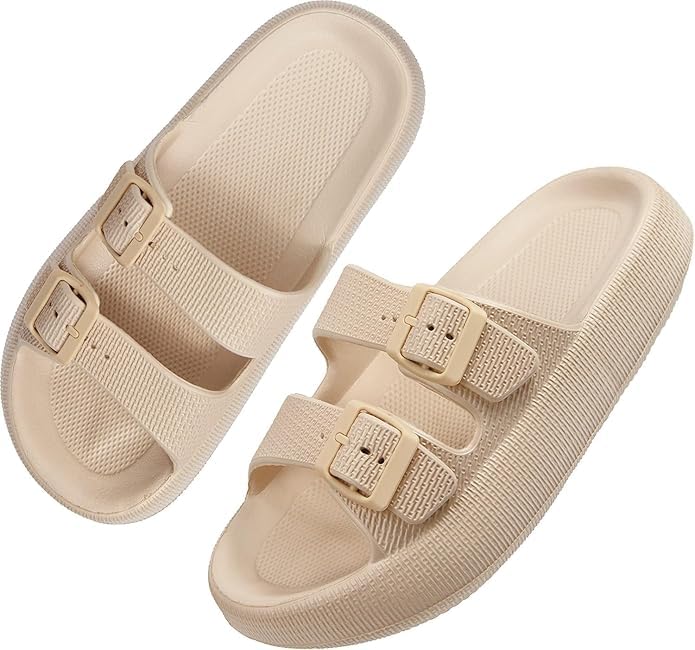 Image of Women Adjustable Open Toe Slide Sandals Classic Ultra Soft EVA Footbed Summer Designed to Fit Flat Buckle Sliders for Women & Girls