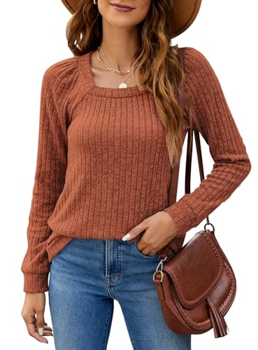 SimpleFun Women's Fall Sweaters Lightweight Square Neck Pullover Casual Long Sleeve Tunic Tops