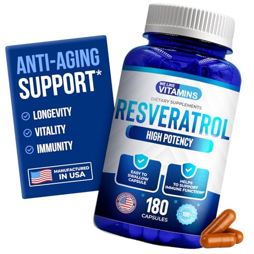 Resveratrol Capsules 1000mg Serving - 180 Capsules - Full 3 Month Supply - Antioxidant Trans Resveratrol Supplement Helps Support Anit-Aging and Cardiovascular System