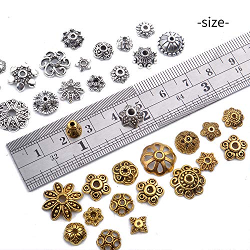 100g (200-350pcs) Mixed Metal Flower Bead Caps Spacer Beads Bali Style Jewelry Findings for DIY Crafting Jewelry Making, Antique Gold and Antique Silver