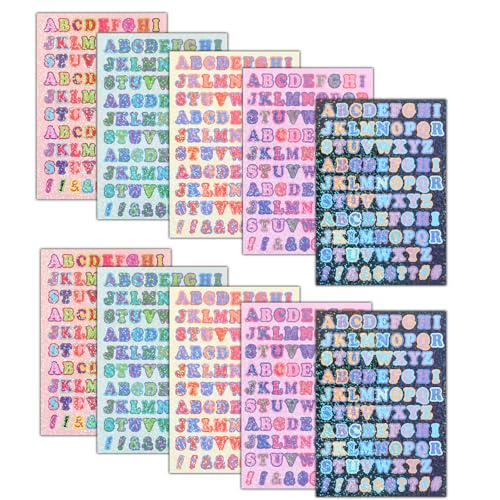Nogeqi 10 Hojas de Letras Coloridas Pegatinas Pequeñas Autoadhesivas, Resistentes al Agua, Perfectas para Manualidades y Álbumes de Recortes