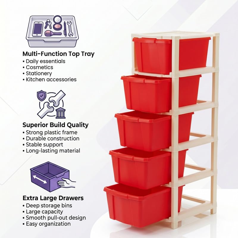 Image of Kavira Plastic Drawer Storage Tower - Space Organizer|Red,5 Layer