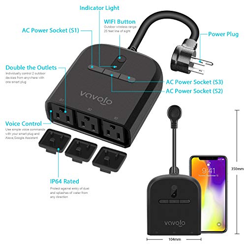 VAVOFO Outdoor Smart Outlet with 3 Sockets, WiFi Smart Plug Compatible with Alexa Google Home, IP44 Waterproof, Wireless Remote Control Timer & Countdown by Smartphone APP