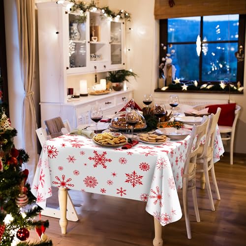 Image of Kochorie 100 Ft x 54 Inch Red Snowflake Tablecloth Roll with Cutter Box Christmas Themed Snowflake Printed Cut to Size Table Cover Disposable Winter Backdrop for Frozen Birthday Party Supplies