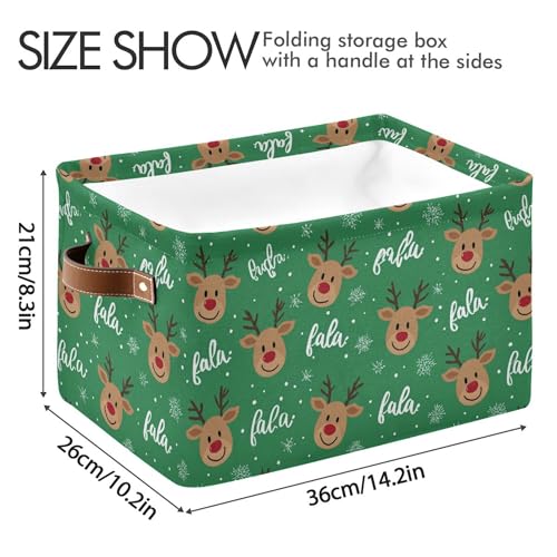 Image of Green Christmas Reindeer Storage Basket with Waterproof Liner and PU Handles Winter Snowflake Xmas Storage Bins Boxes 14.2 inch Collapsible Decorative Organizer Baskets for Bedroom Closet Office 1 Pack