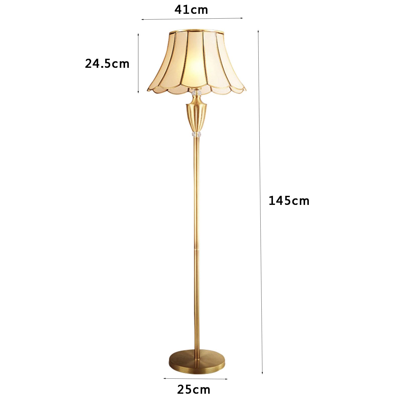Lampa podłogowa, stojąca 145 cm wysokości, antyczny mosiądz, metalowa kolumna, złoty brąz, klosz dzwonka do salonu, czytelnia, sypialnia rodzinna, dom