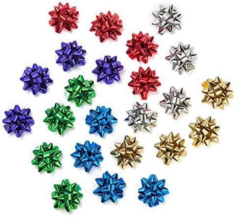 Decorative Metallic Gift Wrap Bows: Six Assorted Colours for All Occasions - 24 Medium 6.5 cm Bows in Storage Box - 4 of Each of Colour - Red, Green, Blue, Gold, Silver, Purple for Gift Wrapping