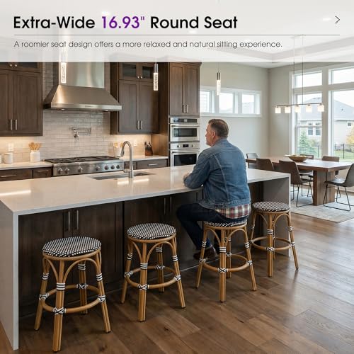 Image of PURPLE LEAF Patio French Round 26 inch Counter Stool Set of 2 Large Rattan Backless Stackable Barstools Bamboo Print Aluminum Frame Footrest with Woven Wicker for Outdoor Kitchen Yard Black