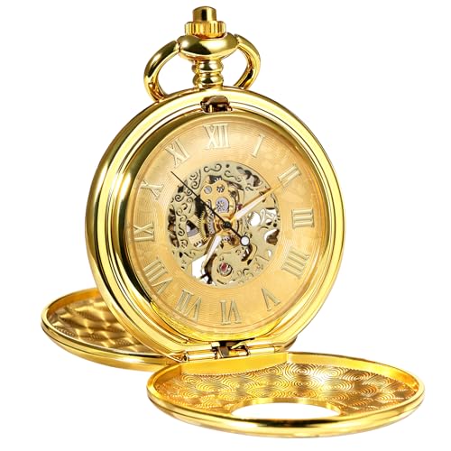 Image of TREEWETO Men's Mechanical Skeleton Pocket Watch for Mens Women Blue Roman Numerals Dial Double Case Pocket Watches