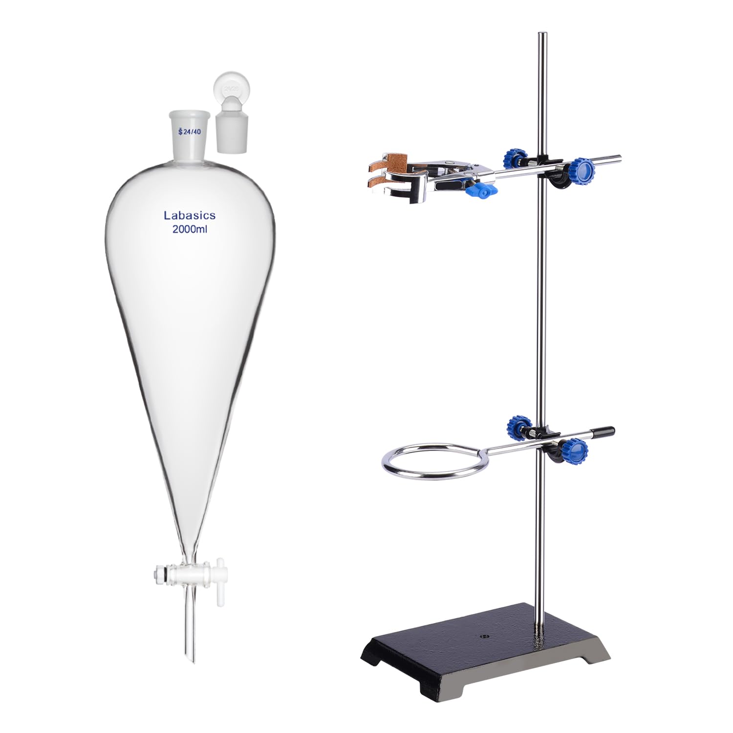2000 mL Borosilicate Glass Conical Separatory Funnel with Glass Stopper and PTFE Stopcock Bundle with Lab Stand and Clamp Set - Labasics Bundle