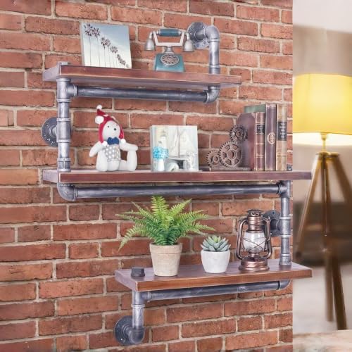 Diwhy Industrial Pipe 3 Tier Wall Mounted Floating Shelf, Rustic Wrought Iron Solid Wood Storage Display Shelf for Home Living Room Bedroom Decor
